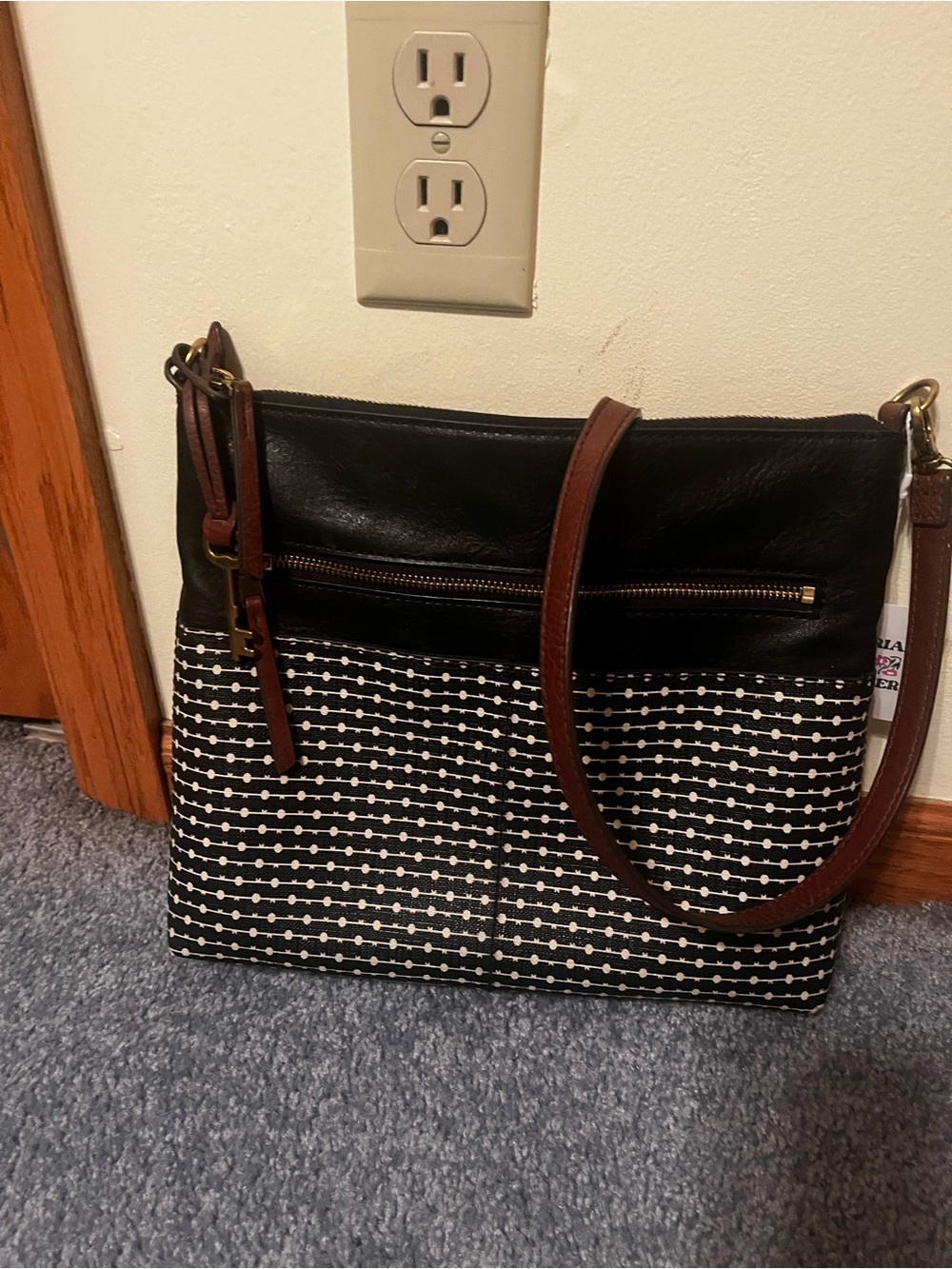 Fossil Black & Cream Patterned Crossbody Bag with Brown Trim